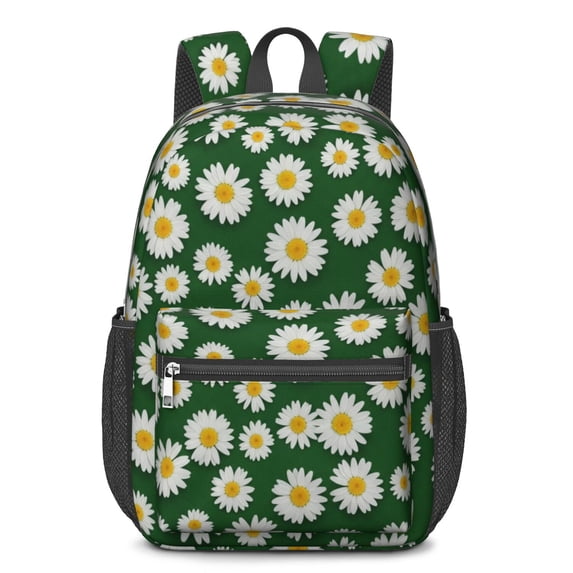 Daisy Pioneer Flower Green Pattern 17" School Backpacks for Teens,Waterproof Oxford Fabric,S-Shape Padded Straps for School,Travel,Hiking,Camping