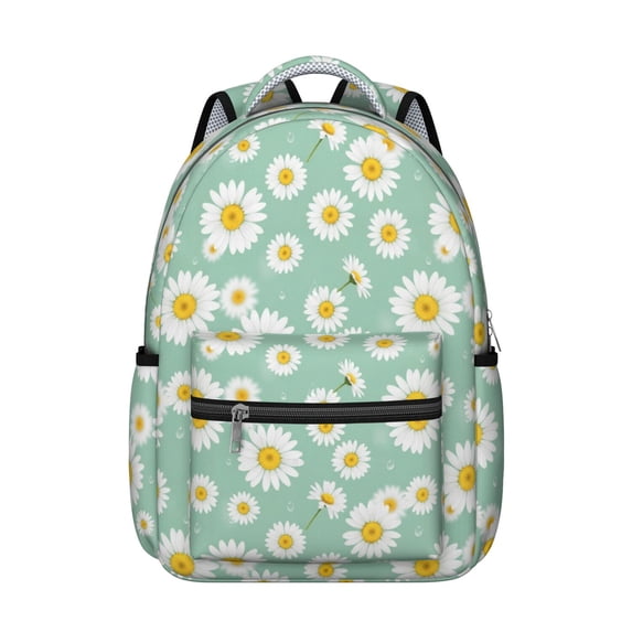 Daisy Pioneer Flower Green Pattern Backpack for School, Cute School Bag with Adjustable Shoulder Straps and Padded Back, 15.3"x11"x7.1"