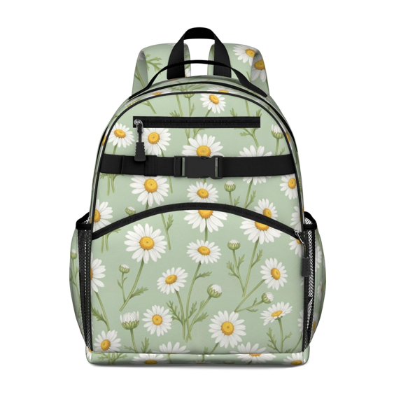 Daisy Pioneer Flower Green Pattern Cute School Backpack Bag for School with Padded Back and Adjustable Shoulder Straps 15.25"x11.5"x5.25"