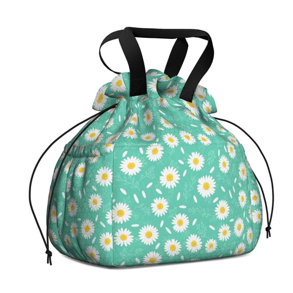Daisy Pioneer Flower Green Pattern Drawstring Insulated Lunch Bag for Women, Stain-Resistant Large Lunch Tote with Multi-Pockets for Work Office