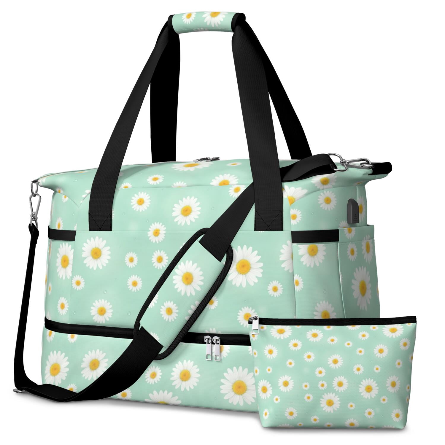 Daisy Pioneer Flower Green Pattern Gym Duffel Bag 2 Piece Set, Sports ...