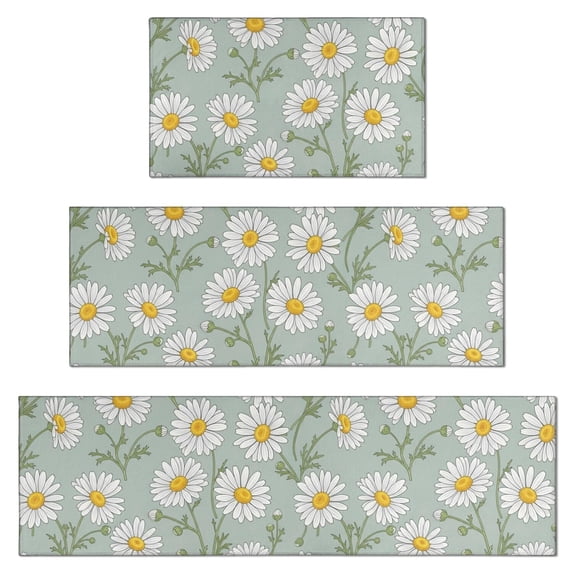 Daisy Pioneer Flower Green Pattern Kitchen Rugs Set Of 3, Non Slip Washable Kitchen Runner Rugs, Decorative Floor Mats for Sink Laundry and Home Use, 17"x30" + 17"x47" + 17"x59"