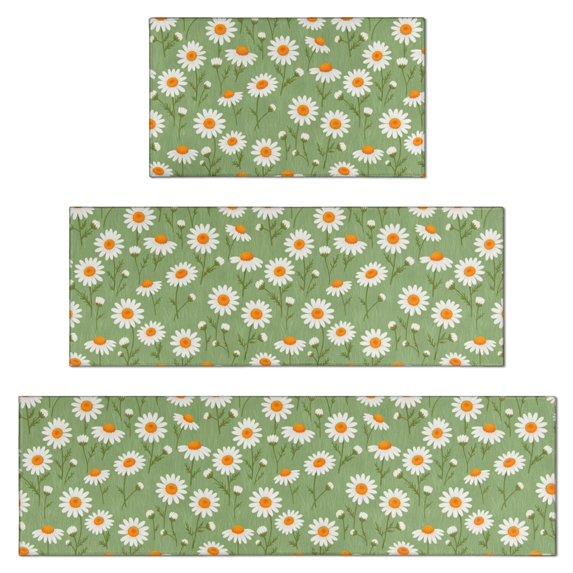 Daisy Pioneer Flower Green Pattern Kitchen Rugs Set Of 3, Non Slip Washable Kitchen Runner Rugs, Decorative Floor Mats for Sink Laundry and Home Use, 17"x30" + 17"x47" + 17"x59"
