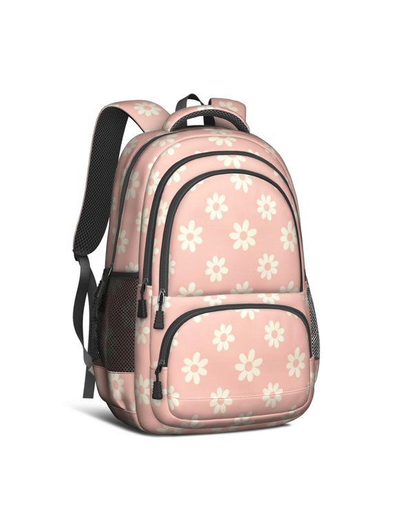 Daisy Pioneer Flower Pink Pattern Backpack for School, Cute School Bag with Adjustable Shoulder Straps and Padded Back, 16.9"x12.6"x5.9"