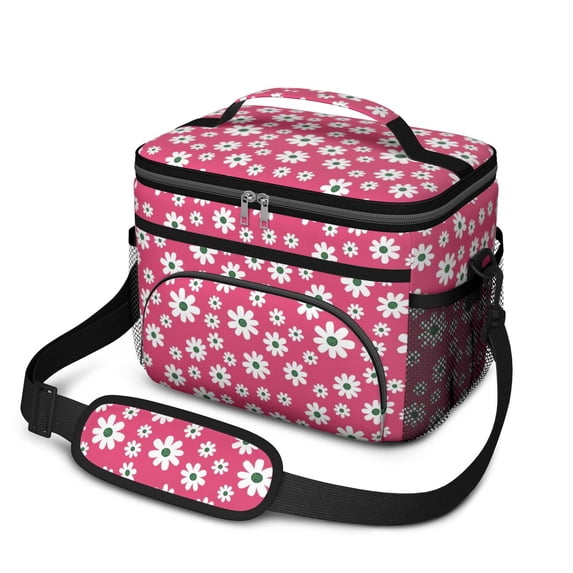 Daisy Pioneer Flower Pink Pattern Insulated Lunch Box for Women Men, Medium Leakproof Cooler Bag with Adjustable Strap, 10"x6.7"x8"
