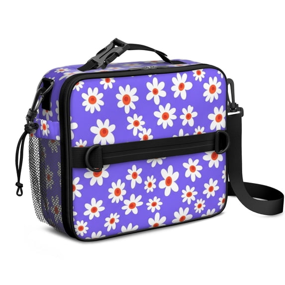 Daisy Pioneer Flower Purple Pattern Insulated Lunch Bag with Shoulder Strap and Bottle Holder,Bento School Lunch Bag Box,11x9.5x3.5 Inches