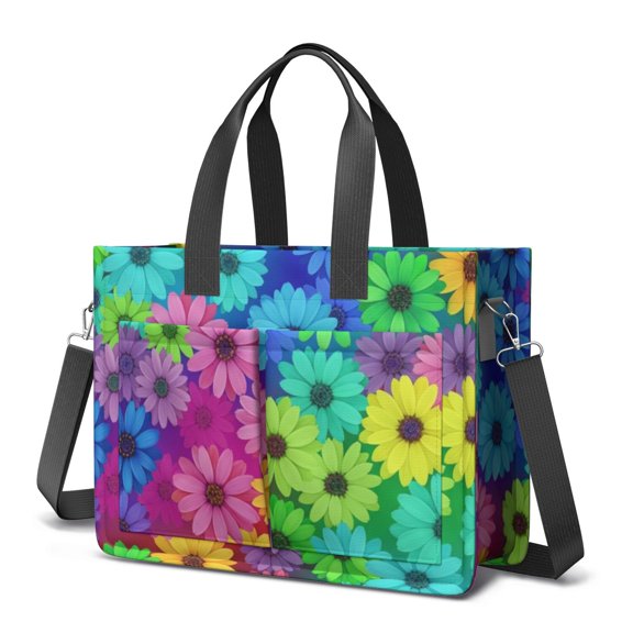 Daisy Pioneer Flower and Rainbow Canvas Messenger Tote Bag, Work Tote with Multi Pockets & Removable Strap, Large Capacity Gifts for Work Travel Shopping