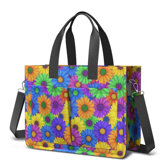 Daisy Pioneer Flower and Rainbow Flowers Canvas Messenger Tote Bag, Nurse Handbag with Multi Pockets & Removable Strap, Magnetic Closure Gifts for Women Men Teacher Nurse