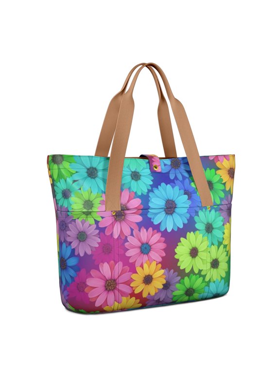 Daisy Pioneer Flower and Rainbow Large Tote Bag for Women, Polyester Roomy Beach Bag with Pockets and Zipper, Lightweight Gifts Ideas for Christmas Birthday