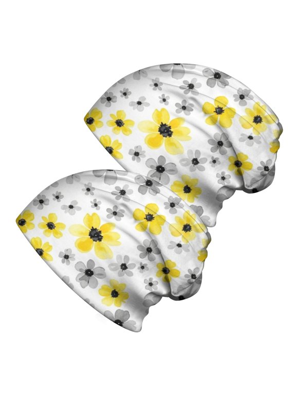 Daisy Pioneer Flower and Yellow Flowers 2 Pack Slouchy Beanie Hat, Outdoor Running Hat with Stretchy Fabric & Soft Texture, Warm Thermal Gifts for Birthday Christmas Thanksgiving