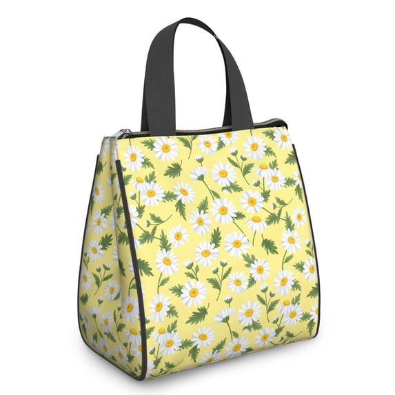 Daisy Pioneer Flower Yellow Pattern Insulated Lunch Bag for Women Men, Large Portable Soft Cooler Tote, Thermal Food Storage Bag with Pearl Cotton, 8.66L, 8.75"x5.75"x9.5"