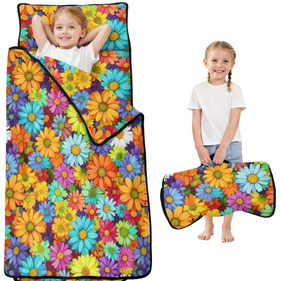 Daisy Pioneer Flower and Rainbow Flowers Teens Toddler Nap Mat with Pillow, Sleeping Mat Bag for Preschool Daycare 51"x22"