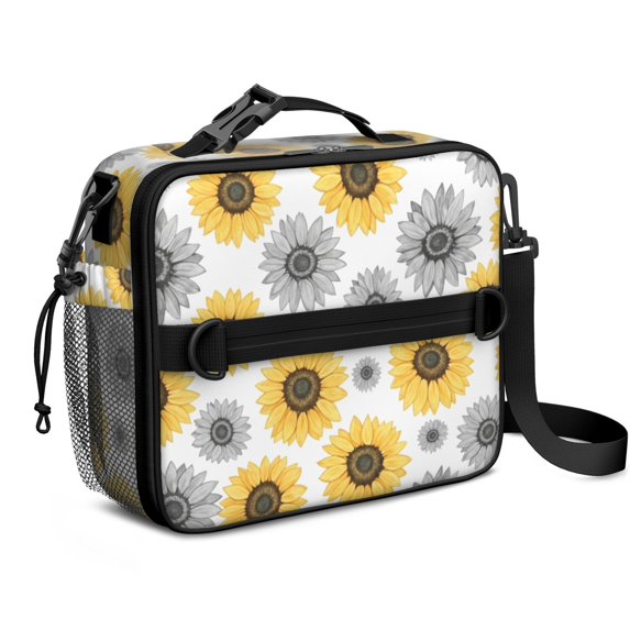 Daisy Pioneer Flower and Sunflowers Insulated Lunch Bag with Shoulder Strap and Bottle Holder,Bento School Lunch Bag Box,11x9.5x3.5 Inches