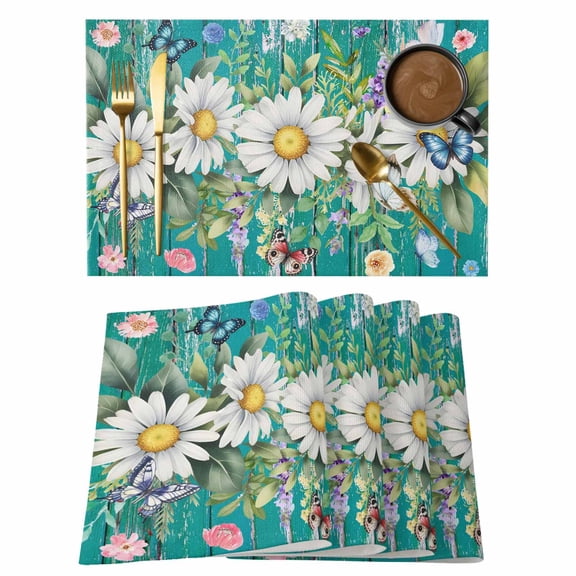 Daisy Placemats Set of 1, Watercolor Spring Flowers Butterfly Blue Green Wood Grain Non-Slip Place Mats Washable Table Mats for Kitchen Dining Table Decorations Indoor/Outdoor