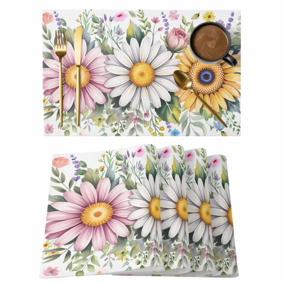 Daisy Placemats Set of 1, Watercolor Spring Pink White Yellow Floral Non-Slip Place Mats Washable Table Mats for Kitchen Dining Table Decorations Indoor/Outdoor