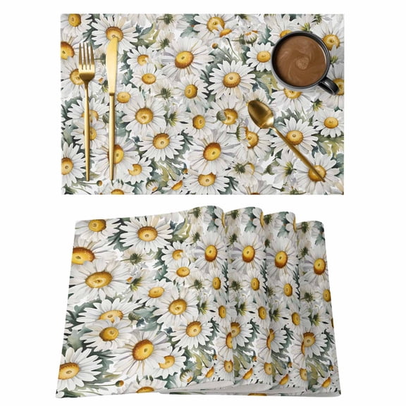 Daisy Placemats Set of 2, Vintage Watercolor White Yellow Daisy Floral Leaf Non-Slip Place Mats Washable Table Mats for Kitchen Dining Table Decorations Indoor/Outdoor