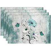 Daisy Placemats Set of 4, 12x18 Inch Retro Daisy Floral Teal Seasonal Spring Summer Holiday Farmhouse Coffee Table Mats for Party Kitchen Dining Decoration