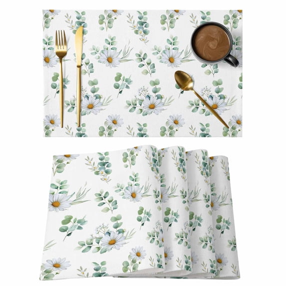 Daisy Placemats Set of 6, Spring Eucalyptus Leaves Flowers Botanical Country Placemats for Dining Table, Place Mats for Kitchen Tabletop, Waterproof Wipeable Dining Table Mats Set