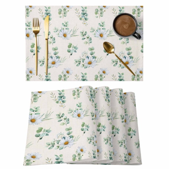 Daisy Placemats Set of 6, Spring Flowers Eucalyptus Leaves Botanical Beige Placemats for Dining Table, Place Mats for Kitchen Tabletop, Waterproof Wipeable Dining Table Mats Set