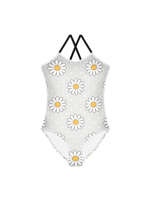 Daisy Polka Dots Pattern Girls' One-Piece Swimwear 3T-10T Soft Stretchy for Beach Pool Water Park