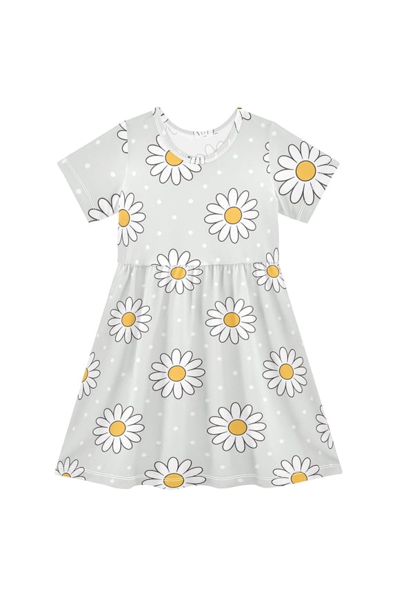 Daisy Polka Dots Pattern Girls Short Sleeve Dress A Line Sun Protection Breathable Comfort Sundress 7-8T