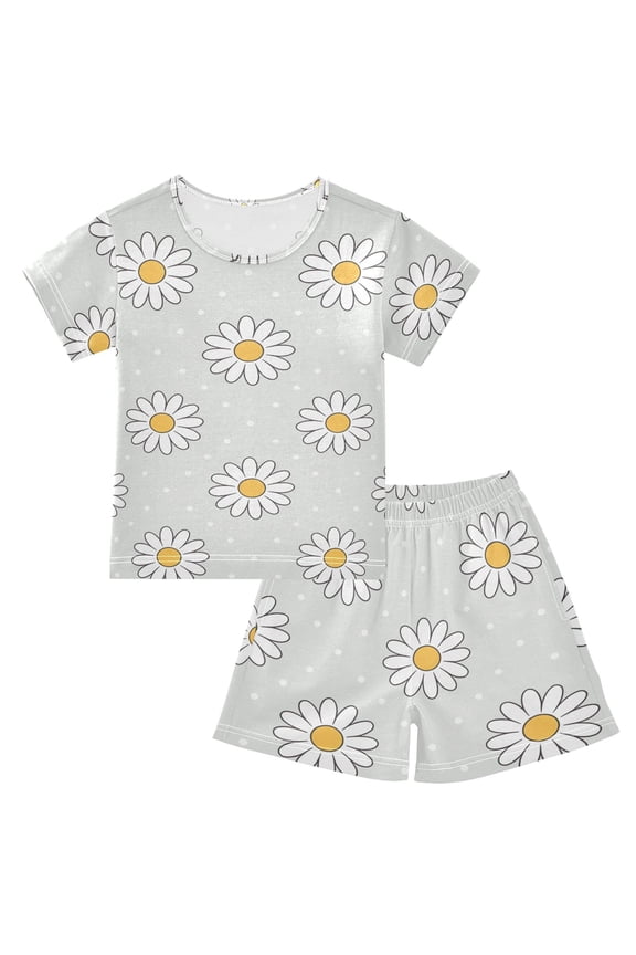 Daisy Polka Dots Pattern Summer Pajama Set Soft Cotton Short Sleeve Sleepwear 2PCS Pajama Sets Breathable Lounge Set Size 6Y