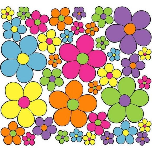 Daisy Pop Flower Wall Decals Stickers, Removable Flower Children's Nursery Wall Decor Graphics in Hot Pink, Purple, Lime Green, Blue, Orange, and Yellow