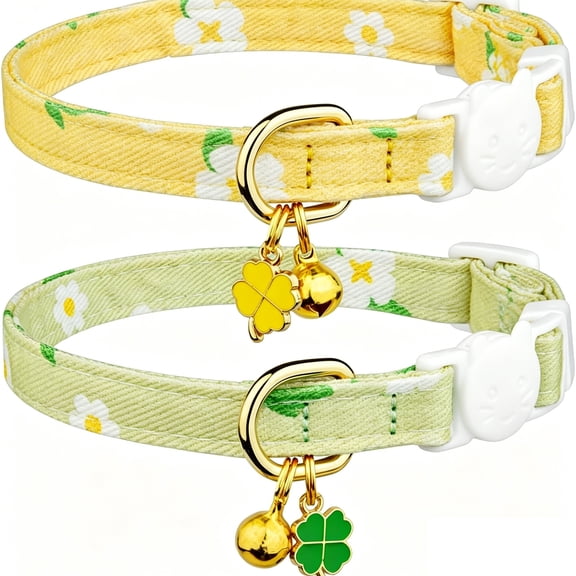 Daisy Print Cat Collar, Soft Breathable Pet Collar with Safety Breakaway Buckle, Adjustable Fabric Neck Collar with Bell and Decor Pendants for Cats and Small Pet Dogs