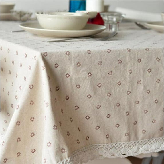 Daisy Print Cotton-Linen Tablecloth – Small Dots, Rustic Farmhouse Style for Dining Table & Chairs (Coffee Chrysanthemum Rice Lace,140-140 cm)