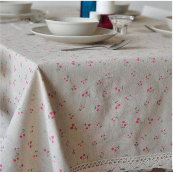 Daisy Print Cotton-Linen Tablecloth – Small Dots, Rustic Farmhouse Style for Dining Table & Chairs (Small cherry rice old lace,60-60 cm)