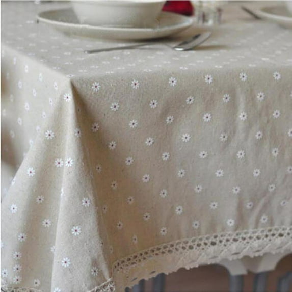 Daisy Print Cotton-Linen Tablecloth – Small Dots, Rustic Farmhouse Style for Dining Table & Chairs (White chrysanthemum lace,100-140 cm)