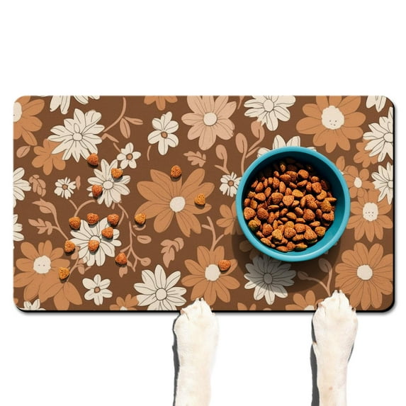 Daisy Print Dog Feeding Mat - Waterproof Non-Slip Pet Food Mat - Absorbent Floral Dog Bowl Mat - Vintage Boho Design - 4-Layer Eco-Friendly Mat for Messy Eaters