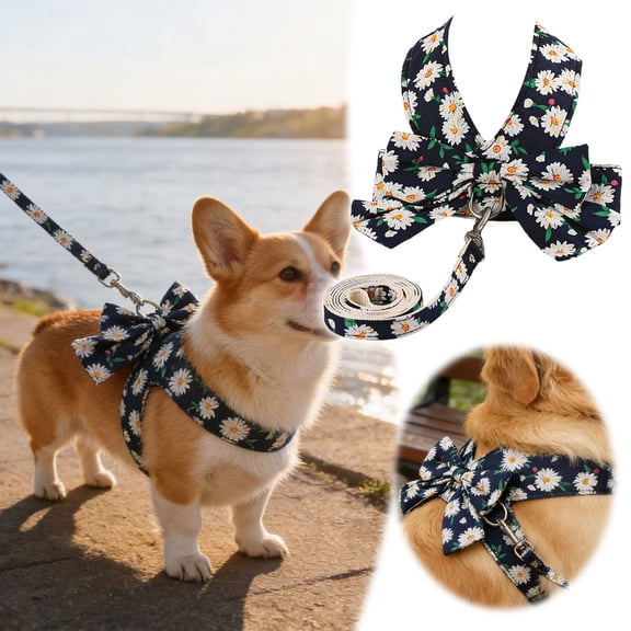 Daisy Print Dog Harness with Leash Set Cute Floral Pet Harness Vest with Large Bow Knot Breathable Mesh Walking Gear for Small Medium Dogs Corgi Pomeranian Indoor Outdoor Walks and Pet Owners(XS)