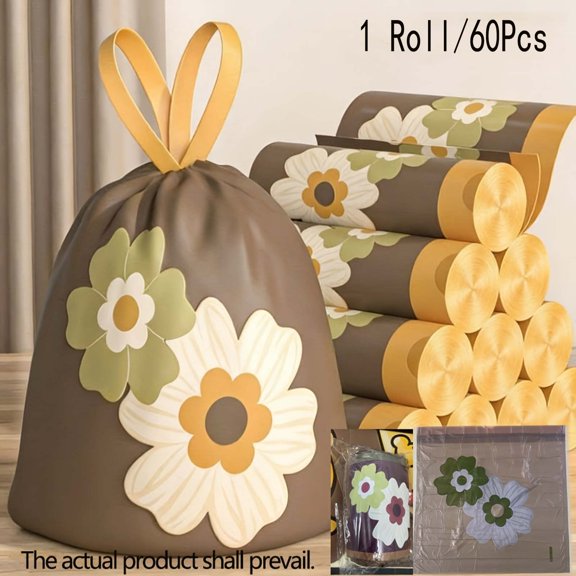 Daisy Print Drawstring Bags, Strong Leak-Proof Garbage Bags for Home Kitchen Use, 60 Count