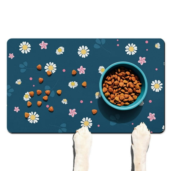 Daisy Print Pet Food Mat - Absorbent Non-Slip Dog Feeding Mat - Waterproof Floral Design - Boho Daisy Aesthetic - Easy to Clean for Puppies