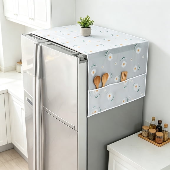 Daisy Print Refrigerator Dust Cover, Cloth Washing Machine Waterproof Cover, PVEA Dustproof Fridge Top Cover, Multi-Purpose with Side Storage