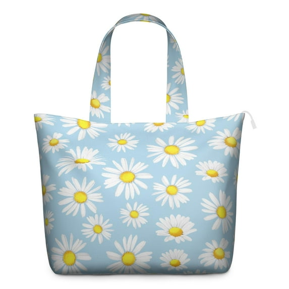 Daisy Print Retro Shoulder Bag - Large Capacity Zippered Weekender Tote with Durable Handles, Perfect for Work & Gym Essentials