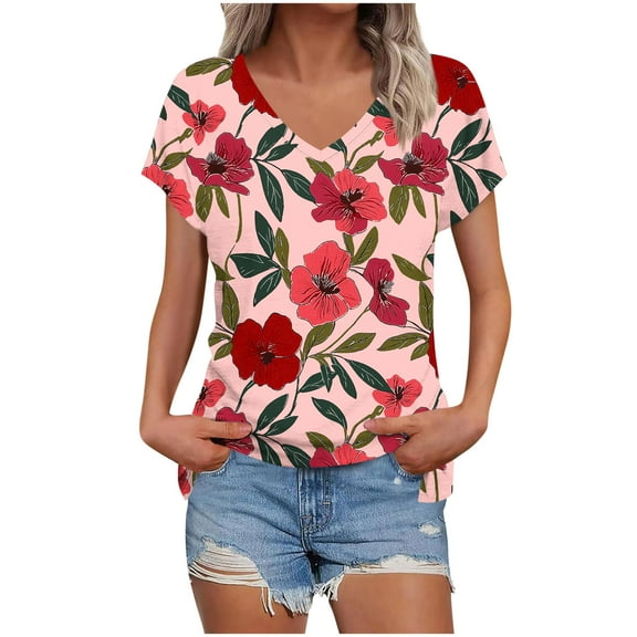Daisy Print T-Shirts for Womens V Neck Tee Short Sleeve Tops Loose Fit Tunic Blouses Cute Gym Workout Clothes