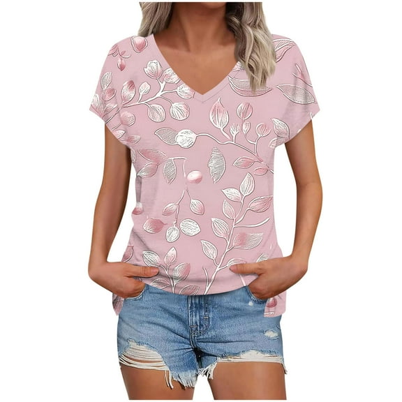 Daisy Print T-Shirts for Womens V Neck Tee Short Sleeve Tops Loose Fit Tunic Blouses Cute Gym Workout Clothes