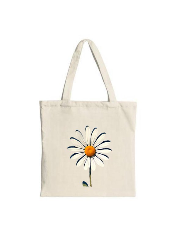Daisy Print Tote Bag - Stylish Canvas Bag with White Petals Yellow Center Green Stem; Perfect for Shopping Travel & Parties