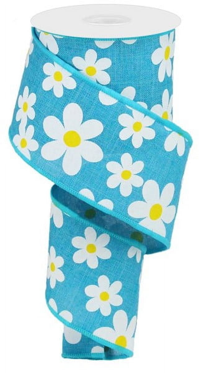 Dally Ribbon Daisy Print Wired Ribbon: Turquoise Blue Yellow White -2.5 Inches x 10 ...
