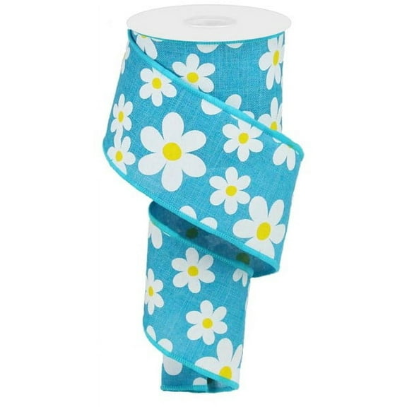 Daisy Print Wired Ribbon: Turquoise Blue Yellow White -2.5 Inches x 10 Yards (30 Feet)