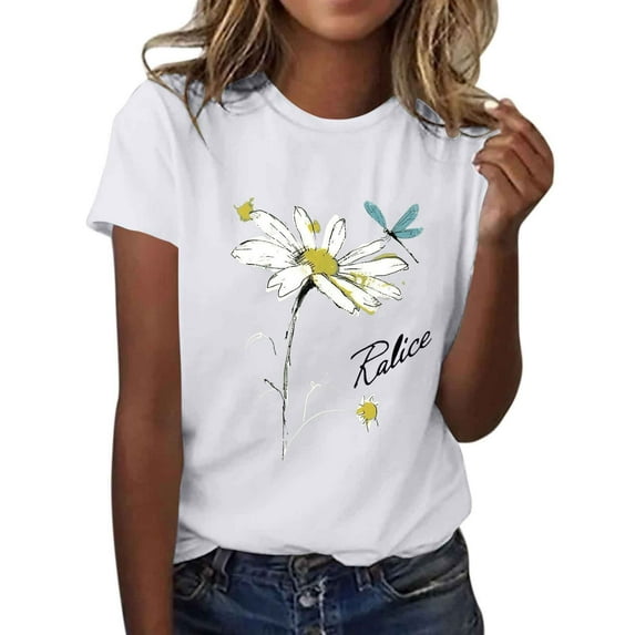 Daisy Printed T-Shirt for Womens Cotton T Shirts Round Neck Tee Short Sleeve Tops Comfort Casual Tunic Blouses Loose Relaxed Fit Tee Shirts Workout Going Out Outfits Summer 2025