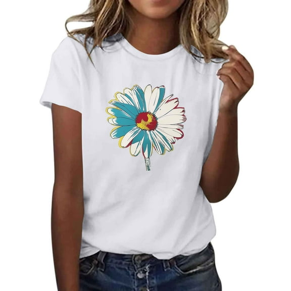 Daisy Printed T-Shirt for Womens Cotton T Shirts Round Neck Tee Short Sleeve Tops Comfort Casual Tunic Blouses Loose Relaxed Fit Tee Shirts Workout Going Out Outfits Summer 2025
