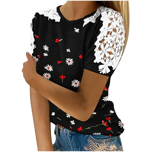 Daisy Printed Tops for Womens Scooped Neck Tee Short Sleeve Tops Hollow Out Loungewear Loose Fitted Tunic Blouses Baggy Boho Dressy Shirts Beach Holiday T-Shirts Blouses