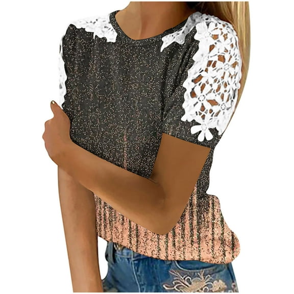 Daisy Printed Tops for Womens Scooped Neck Tee Short Sleeve Tops Hollow Out Loungewear Loose Fitted Tunic Blouses Baggy Boho Dressy Shirts Beach Holiday T-Shirts Blouses