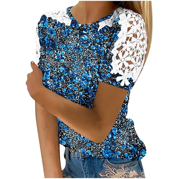 Daisy Printed Tops for Womens Scooped Neck Tee Short Sleeve Tops Hollow Out Loungewear Loose Fitted Tunic Blouses Baggy Boho Dressy Shirts Beach Holiday T-Shirts Blouses