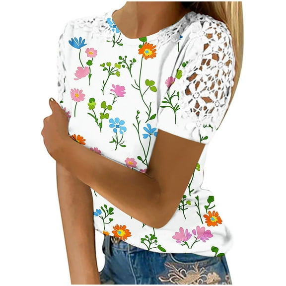 Daisy Printed Tops for Womens Scooped Neck Tee Short Sleeve Tops Hollow Out Loungewear Loose Fitted Tunic Blouses Baggy Boho Dressy Shirts Beach Holiday T-Shirts Blouses