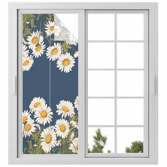 Daisy Privacy Window Film, Decorative Frosted Glass Window Film, Spring Floral Summer Botanical Elegant Navy Blue Reusable Peel and Stick Static Cling for Home Bathroom Office Glass Door 23.6"x59"