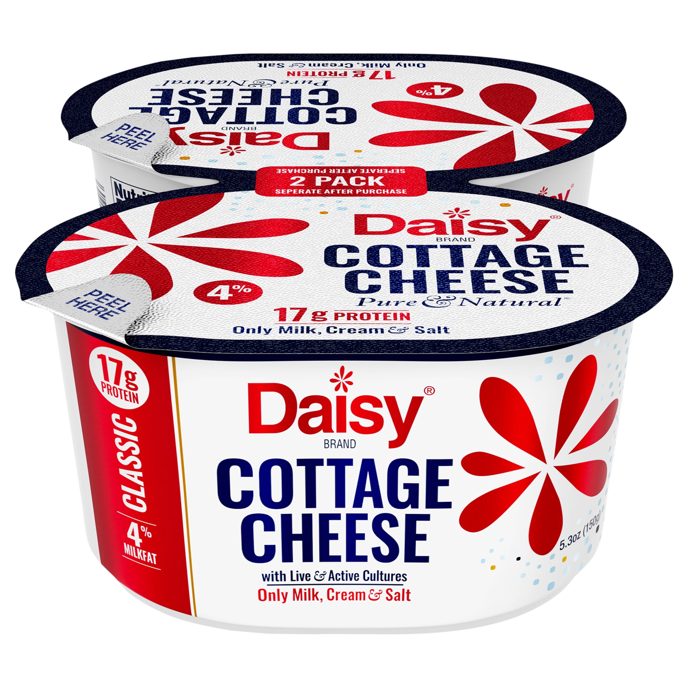 Daisy Pure and Natural Cottage Cheese, 4% Milkfat, 2-Pack 5.3 oz Cups (Refrigerated) - 17g of Protein per Serving